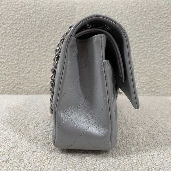 Authentic Chanel Classic Flap Bag Silver Lambskin Bag Medium - Picture 4 of 14